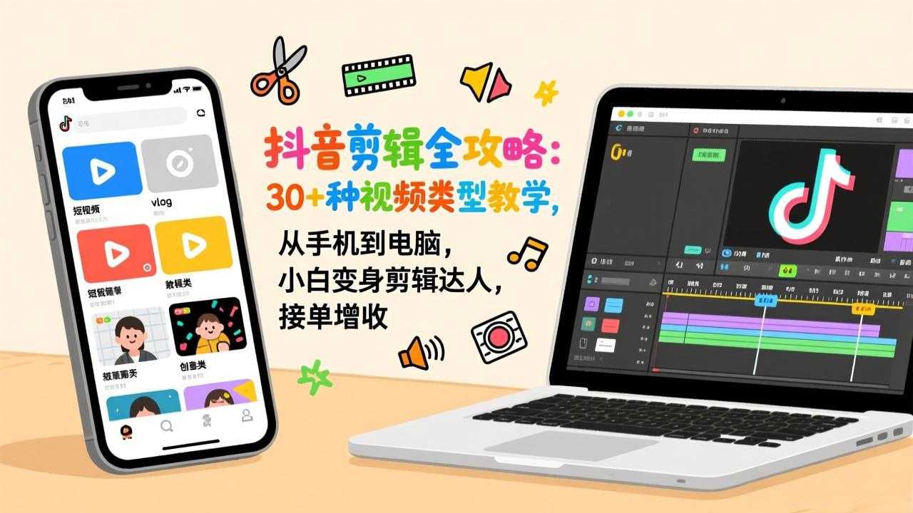 抖音剪辑全攻略：30+种视频类型教学，从手机到电脑，小白变身剪辑达人，接单增收-泱泱学习社