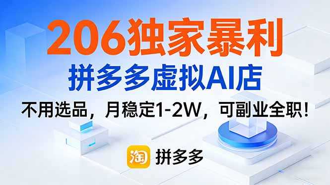 206独家暴利，拼多多虚拟AI店，不用选品，月稳定1-2W，可副业全职！-泱泱学习社