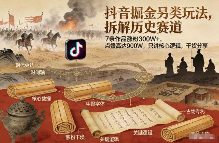 抖音掘金另类玩法，拆解历史赛道，7条作品涨粉300W+，点赞量高达900W，只讲核心逻辑，干货分享-泱泱学习社