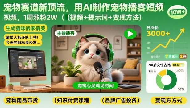 宠物赛道新顶流，用AI制作宠物播客短视频，1周涨粉2W(视频+提示词+变现方法)-泱泱学习社