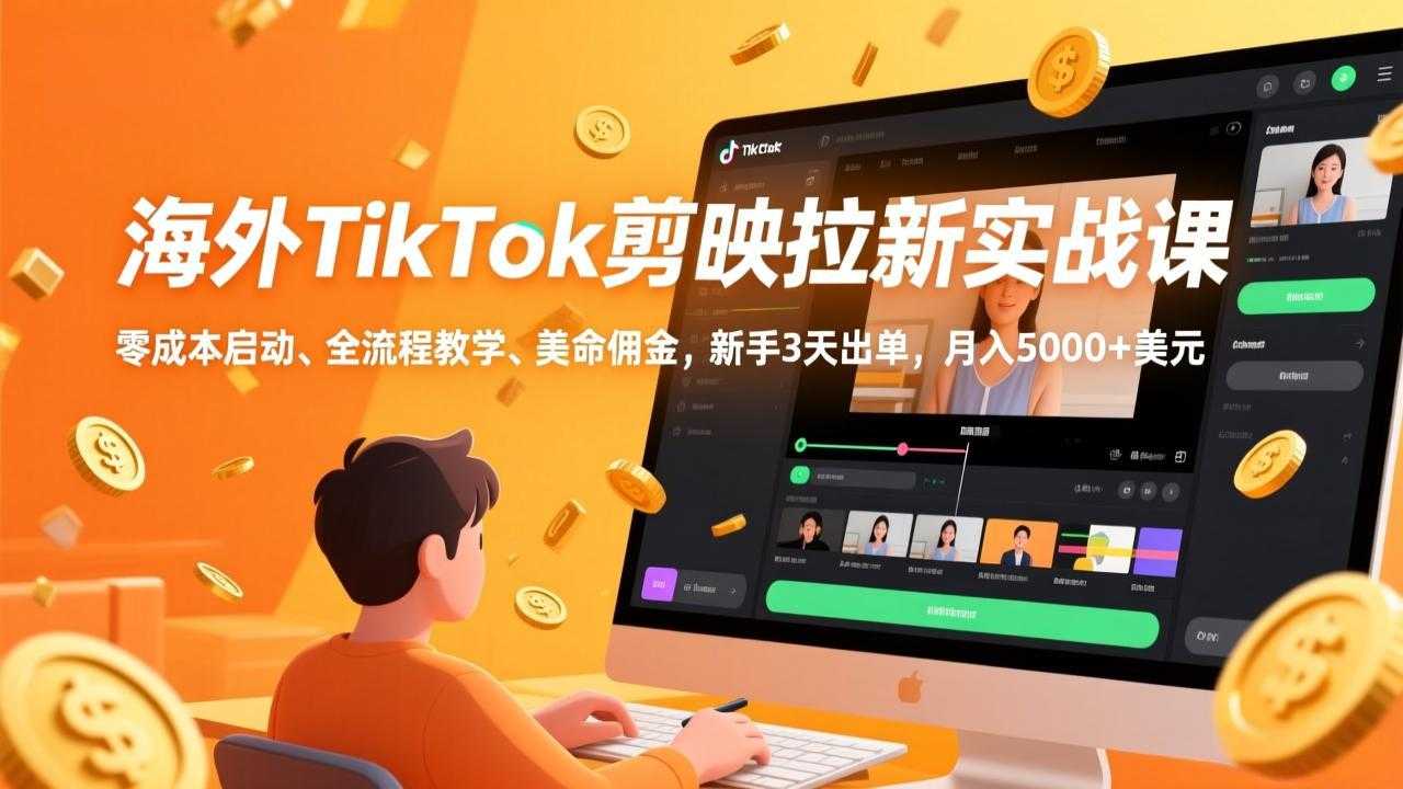 海外TikTok剪映拉新实战课，零成本启动、全流程教学、美金佣金，新手3天出单，月入5000+美元-泱泱学习社