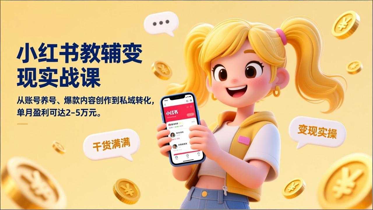 小红书教辅变现实战课，从账号养号、爆款内容创作到私域转化，单月盈利可达2-5万元-泱泱学习社