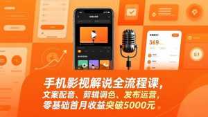 手机影视解说全流程课，文案配音、剪辑调色、发布运营，零基础首月收益突破5000元-泱泱学习社