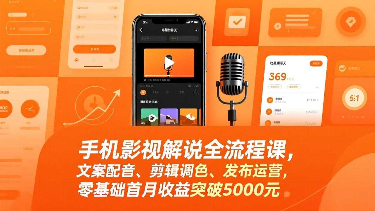 手机影视解说全流程课，文案配音、剪辑调色、发布运营，零基础首月收益突破5000元-泱泱学习社