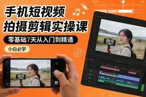 手机短视频拍摄剪辑实操课，零基础7天从入门到精通，小白必学-泱泱学习社