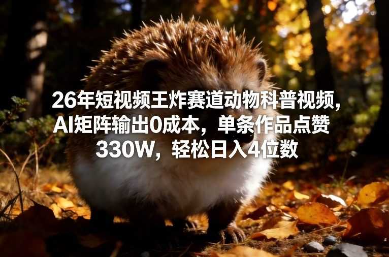 26年短视频王炸赛道动物科普视频，AI矩阵输出0成本，单条作品点赞330W，轻松日入4位数-泱泱学习社