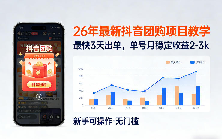 26年最新抖音团购项目教学，0门槛，最快3天出单，单号月稳定收益2-3k(更新3月19日)-泱泱学习社