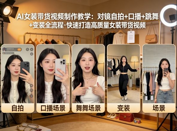 AI女装带货视频制作教学，对镜自拍、口播、跳舞、变装全流程，快速打造高质量女装带货视频-泱泱学习社