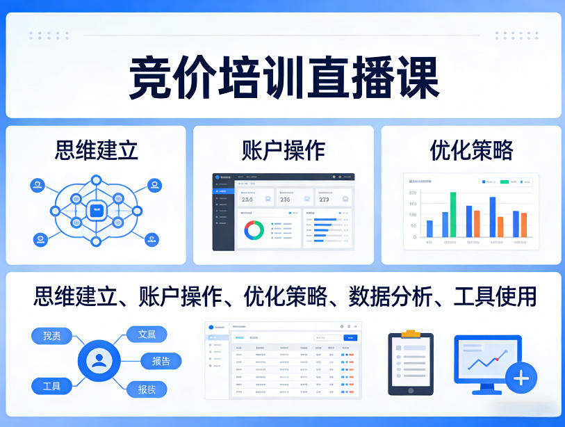 竞价培训直播课，覆盖思维建立、账户操作、优化策略、数据分析、工具使用等，全方位提升效果-泱泱学习社