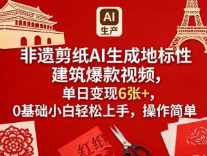 非遗剪纸AI生成地标性建筑爆款视频，单日变现6张+，0基础小白轻松上手，操作简单-泱泱学习社