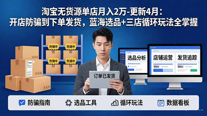 淘宝无货源5.0单店月入2万-更新4月：开店防骗到下单发货，蓝海选品+三店循环玩法全掌握-泱泱学习社