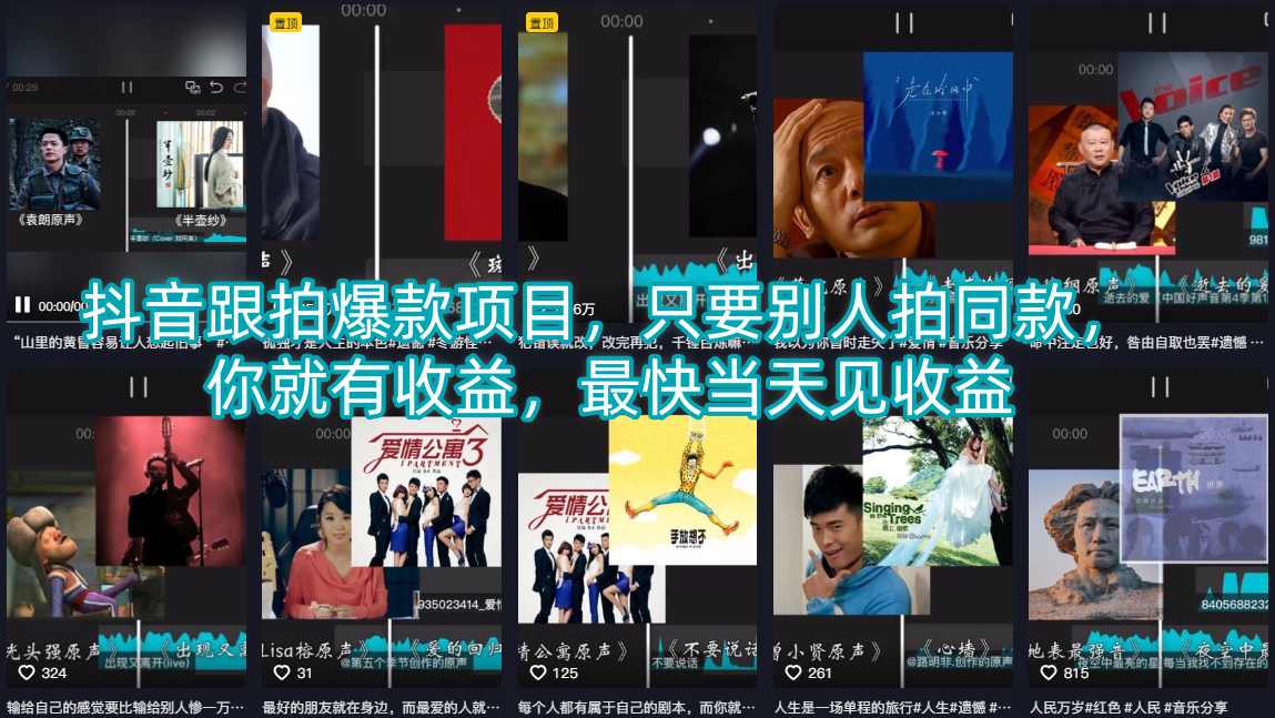 抖音跟拍爆款项目，只要别人拍同款，你就有收益，最快当天见收益-泱泱学习社