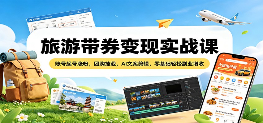 旅游带券变现实战课：账号起号涨粉，团购挂载，AI文案剪辑，零基础轻松副业增收-泱泱学习社