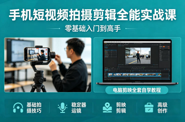 手机短视频拍摄剪辑全能实战课：零基础入门到高手，稳定器运镜+电脑剪映全套自学教程-泱泱学习社