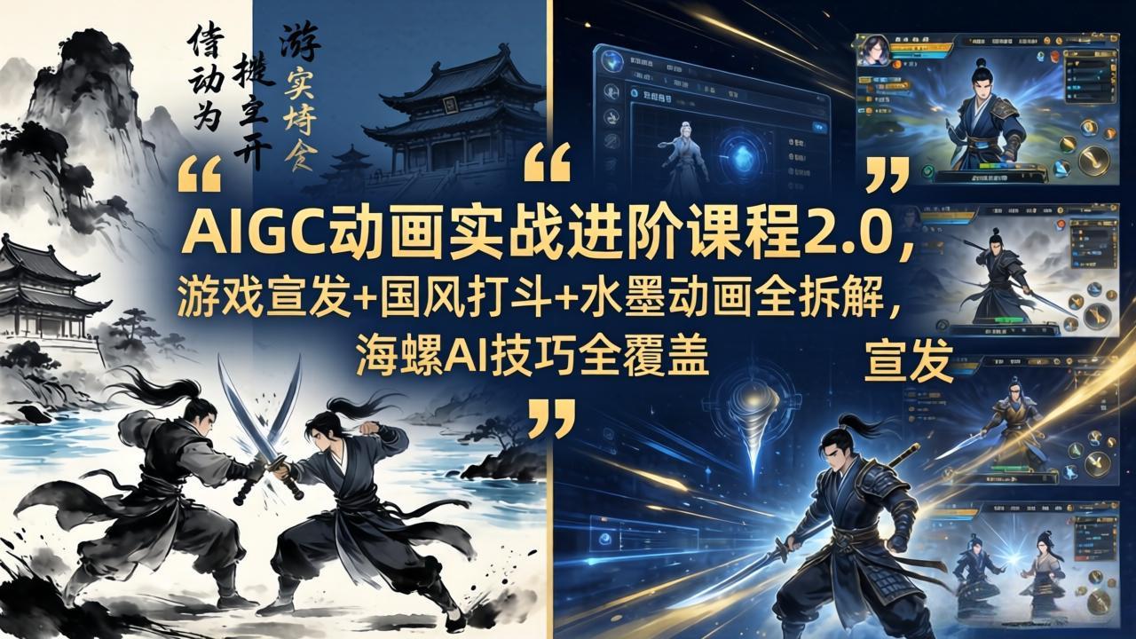 AIGC动画实战进阶课程2.0，游戏宣发+国风打斗+水墨动画全拆解，海螺AI技巧全覆盖-泱泱学习社