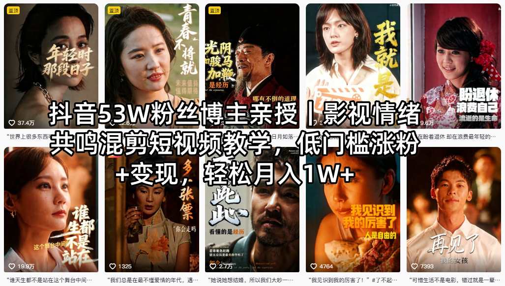 抖音53W粉丝博主亲授｜影视情绪共鸣混剪短视频教学，低门槛涨粉+变现，轻松月入1W+-泱泱学习社