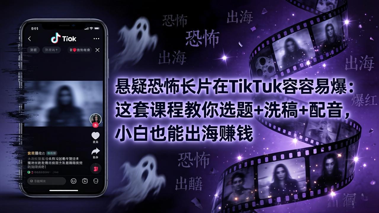 悬疑恐怖长片在TikTok最容易爆：这套课程教你选题+洗稿+配音，小白也能出海赚钱-泱泱学习社