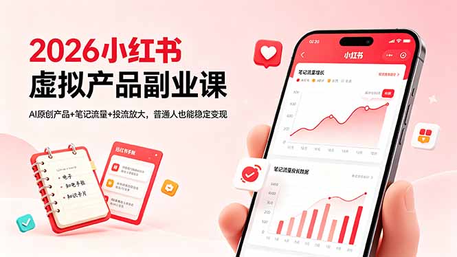 2026小红书虚拟产品副业课，AI原创产品+笔记流量+投流放大，普通人也能稳定变现-泱泱学习社