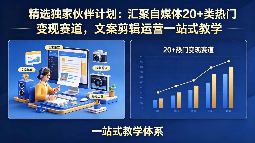 精选独家伙伴计划：汇聚自媒体20+类热门变现赛道，文案剪辑运营一站式教学-泱泱学习社