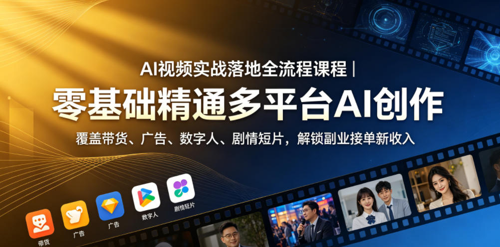 AI视频实战落地全流程课程|零基础精通多平台AI创作,覆盖带货、广告、数字人、剧情短片,解锁副业接单新收入-泱泱学习社