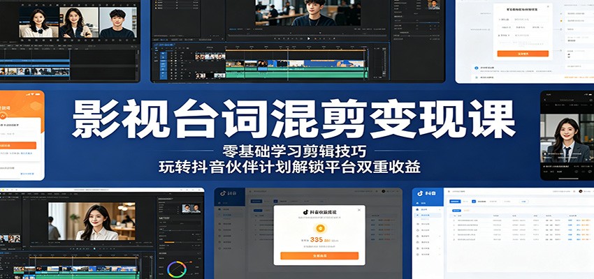 影视台词混剪变现课：零基础学习剪辑技巧，玩转抖音伙伴计划解锁平台双重收益-泱泱学习社