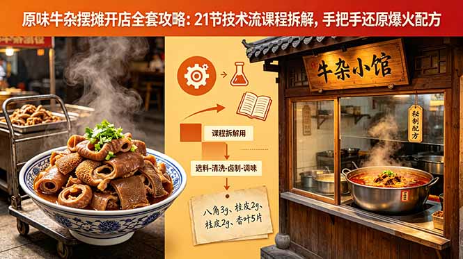 原味牛杂摆摊开店全套攻略:21节技术流课程拆解,手把手还原爆火配方-泱泱学习社