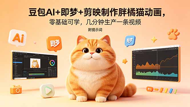 豆包AI+即梦+剪映制作胖橘猫动画，零基础可学，几分钟生产一条视频，附提示词-泱泱学习社
