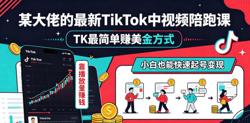 某大佬的最新TikTok中视频陪跑课，TK最简单賺美金方式，靠播放量賺钱，小白也能快速起号变现-泱泱学习社