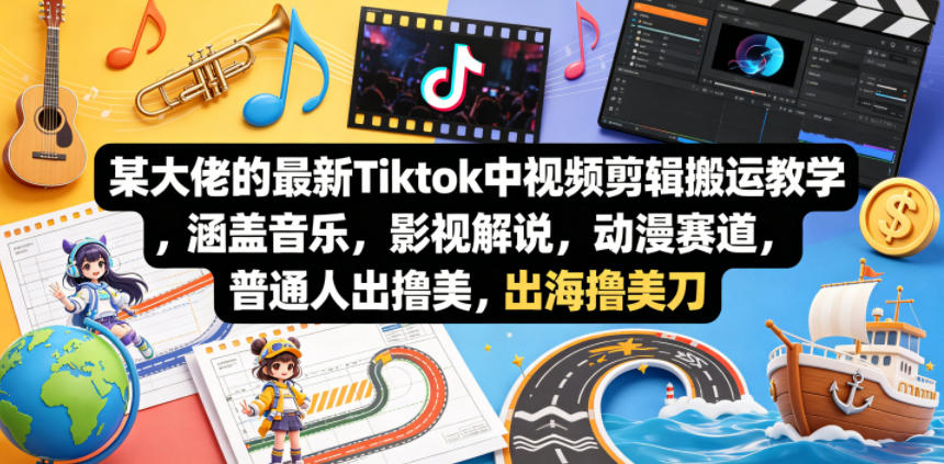 某大佬的最新Tiktok中视频剪辑搬运教学，涵盖音乐，影视解说，动漫赛道，普通人出海撸美刀-泱泱学习社