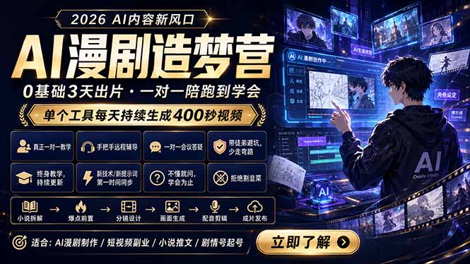 AI漫剧造梦营:0基础3天出片,单个工具每天持续生成400秒视频-泱泱学习社