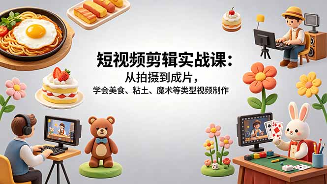 短视频剪辑实战课：从拍摄到成片，学会美食、粘土、魔术等类型视频制作-泱泱学习社