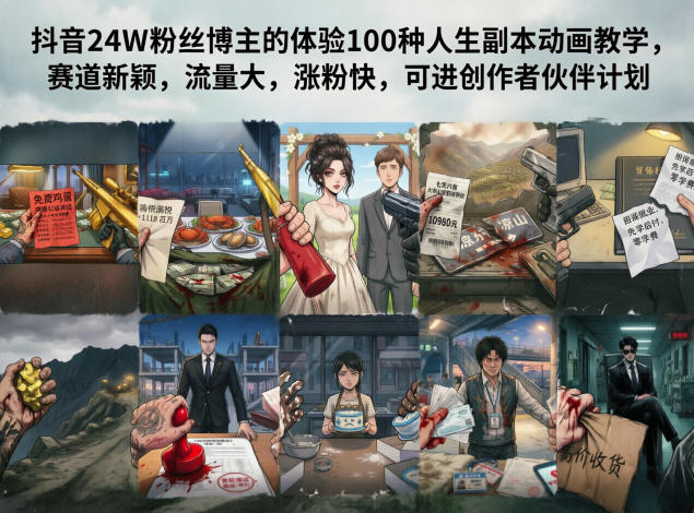 抖音24W粉丝博主的体验100种人生副本动画教学，赛道新颖，流量大，涨粉快，可进创作者伙伴计划-泱泱学习社