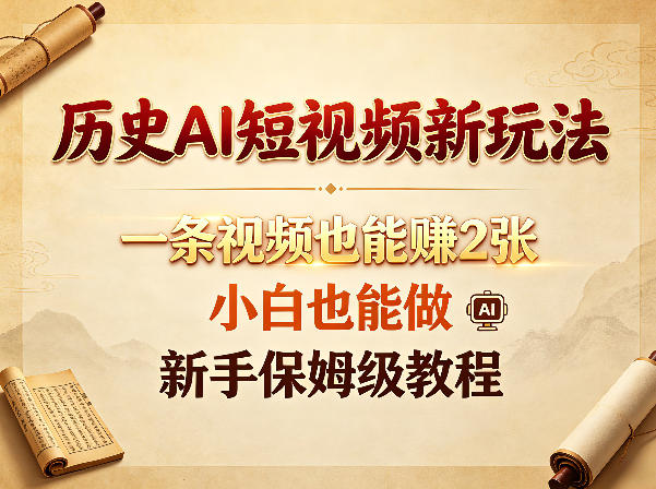 历史AI短视频新玩法，一条视频也能賺2张，小白也能做，新手保姆级教程-泱泱学习社