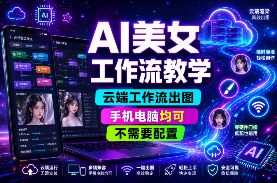 AI美女工作流教学,云端工作流出图,手机电脑均可,不需要配置,快速起号涨粉-泱泱学习社