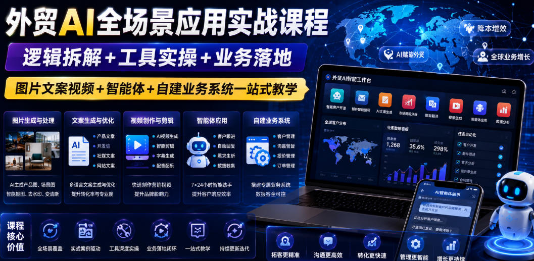 外贸AI全场景应用实战课程｜逻辑拆解+工具实操+业务落地，图片文案视频+智能体+自建业务系统一站式教学-泱泱学习社