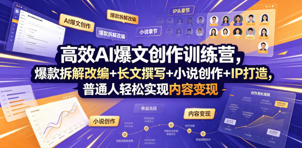 高效AI爆文创作训练营，爆款拆解改编+长文撰写+小说创作+IP打造，普通人轻松实现内容变现-泱泱学习社