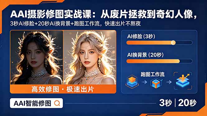 AI摄影修图实战课：从废片拯救 到 奇幻人像，3秒AI修脸+20秒AI换背景+跑图工作流，快速出片不熬夜-泱泱学习社