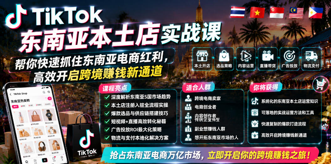 TikTok东南亚本土店实战课，帮你快速抓住东南亚电商红利，高效开启跨境賺钱新通道-泱泱学习社
