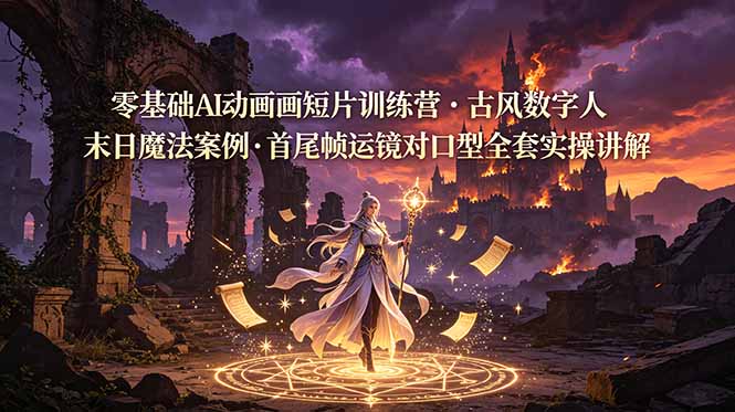 零基础AI动画短片训练营，古风数字人末日魔法案例，首尾帧运镜对口型全套实操讲解-泱泱学习社
