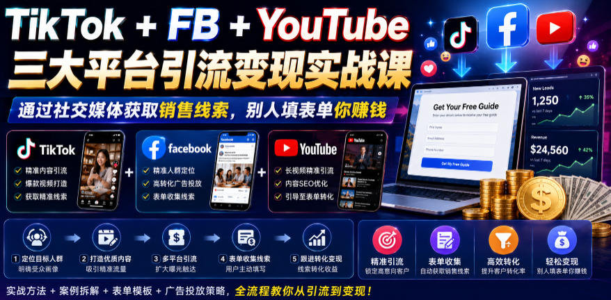TikTok+FB+YouTube三大平台引流变现实战课，通过社交媒体获取销售线索，别人填表单你賺钱【原创双语字幕】-泱泱学习社