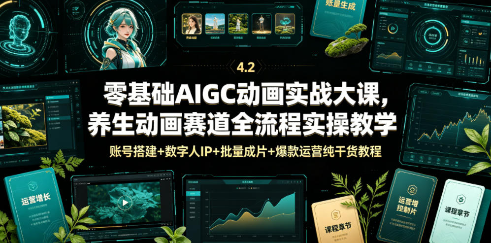 零基础AIGC动画实战大课，养生动画赛道全流程实操教学，账号搭建+数字人IP+批量成片+爆款运营纯干货教程-泱泱学习社