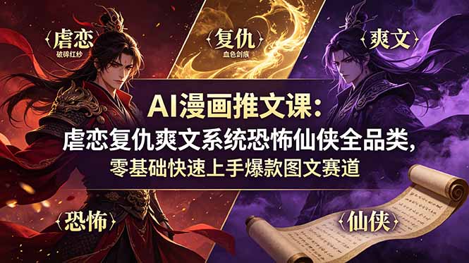 AI漫画推文课：虐恋复仇爽文系统恐怖仙侠全品类，零基础快速上手爆款图文赛道-泱泱学习社