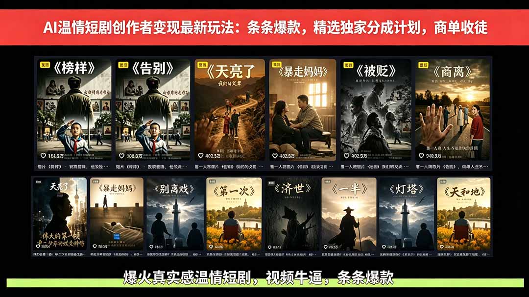 AI温情短剧创作者变现最新玩法：视频牛逼，条条爆款，精选独家分成计划，商单收徒-泱泱学习社