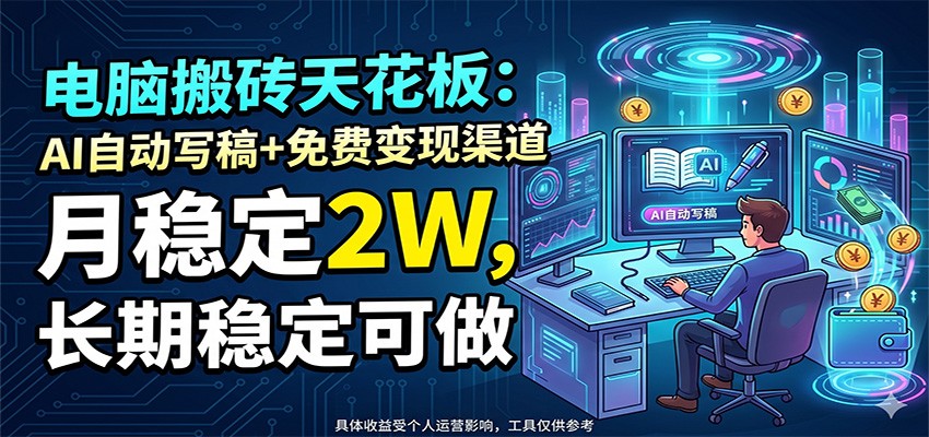 电脑搬砖天花板：AI自动写稿+免费变现渠道，月稳定2W，长期稳定可做-泱泱学习社