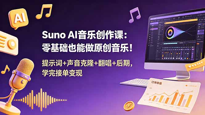 Suno AI音乐创作课:零基础也能做原创音乐!提示词+声音克隆+翻唱+后期,学完接单变现-泱泱学习社