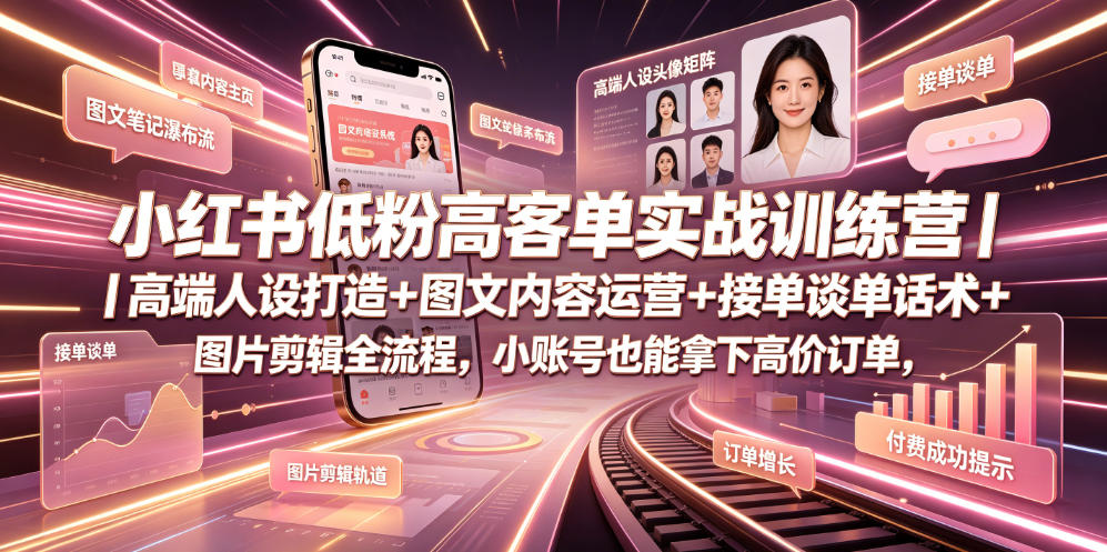 小红书低粉高客单实战训练营｜高端人设打造+图文内容运营+接单谈单话术+图片剪辑全流程，小账号也能拿下高价订单-泱泱学习社