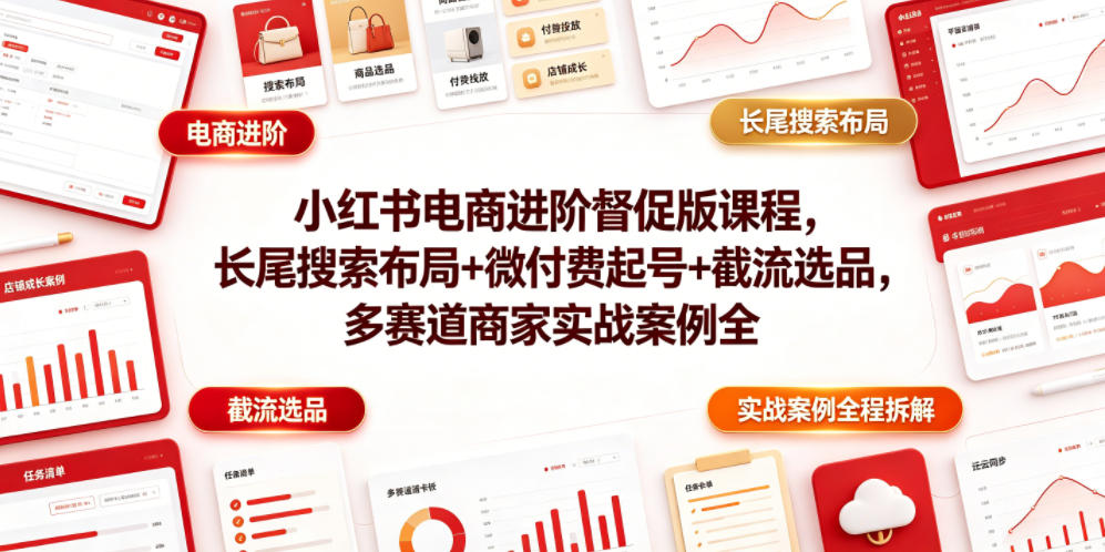 小红书电商进阶督促版课程，长尾搜索布局+微付费起号+截流选品，多赛道商家实战案例全程拆解-泱泱学习社