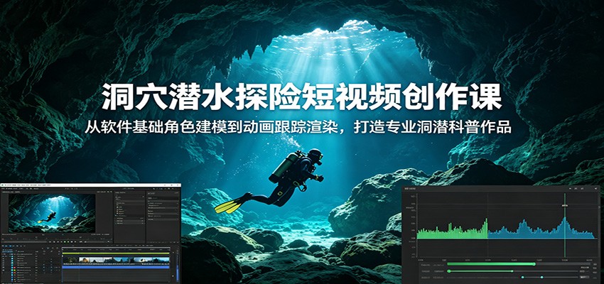 洞穴潜水探险短视频创作课：从软件基础角色建模到动画跟踪渲染，打造专业洞潜科普作品-泱泱学习社