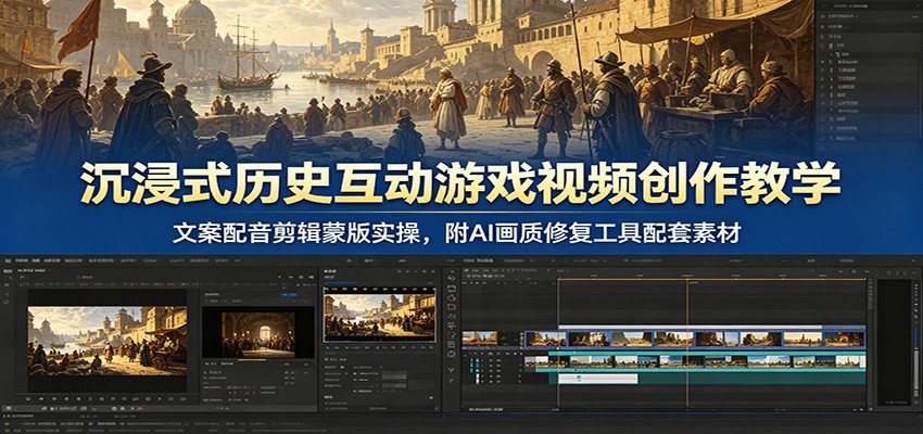 沉浸式历史互动游戏视频创作教学：文案配音剪辑蒙版实操，附AI画质修复工具配套素材-泱泱学习社