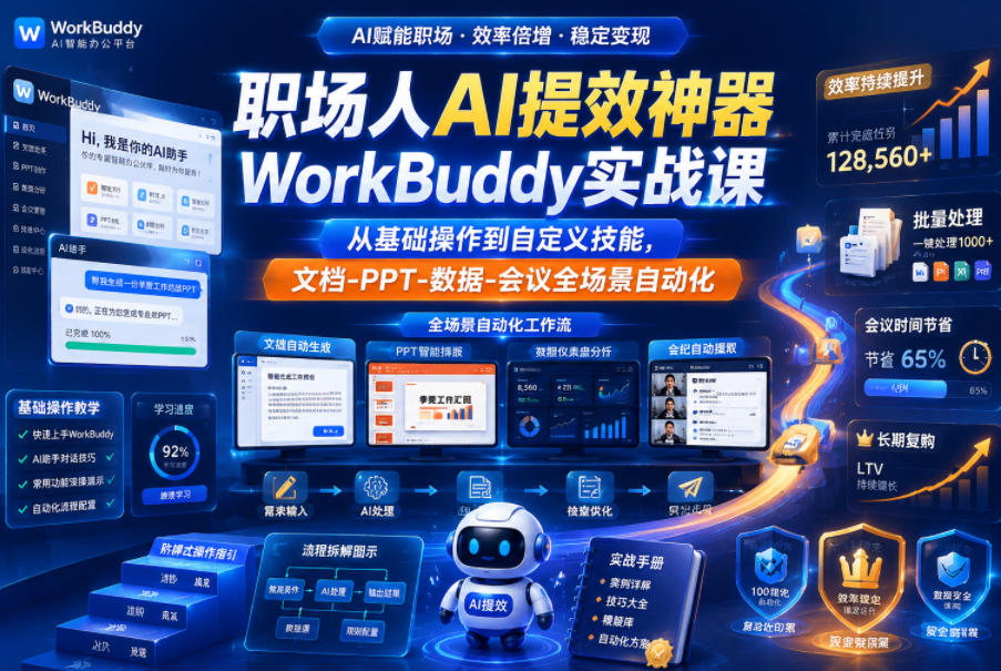 职场人AI提效神器WorkBuddy实战课，从基础操作到自定义技能，文档-PPT-数据-会议全场景自动化-泱泱学习社
